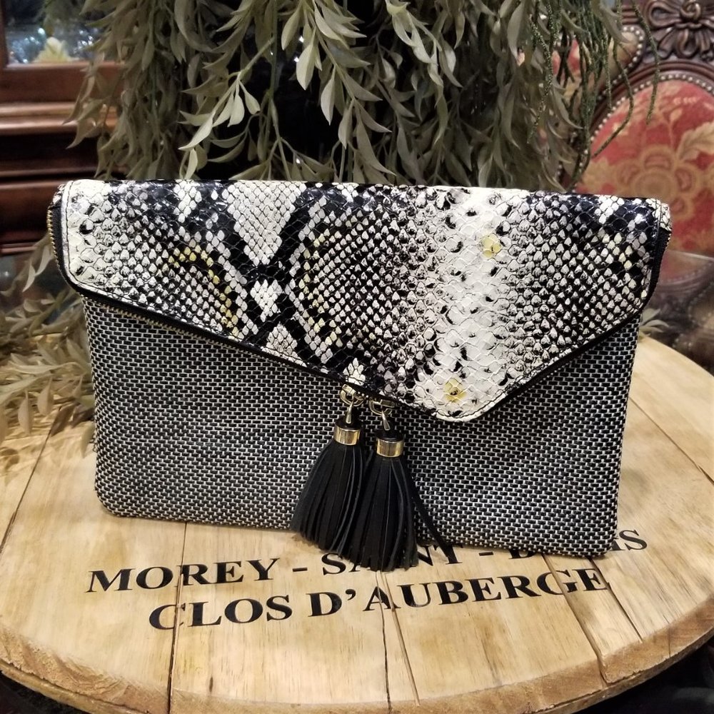 henri bendel Black White Snakeskin-Accent Foldover Clutch with Tassels - Picture 2 of 10